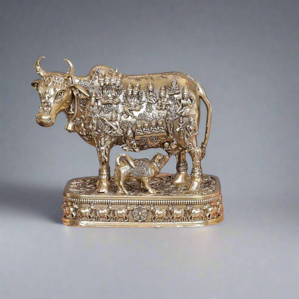 4" Brass Kamadhenu Cow with Engraved God and Goddess for home/ office
